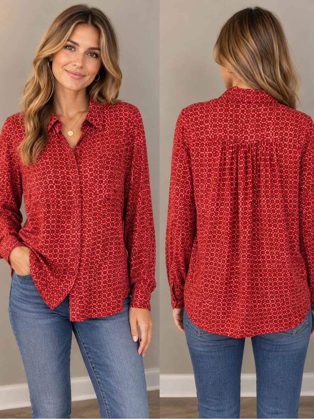 Holding Horses Anthropologie Red
Pink Abstract Print Button Down
Blouse Size 12